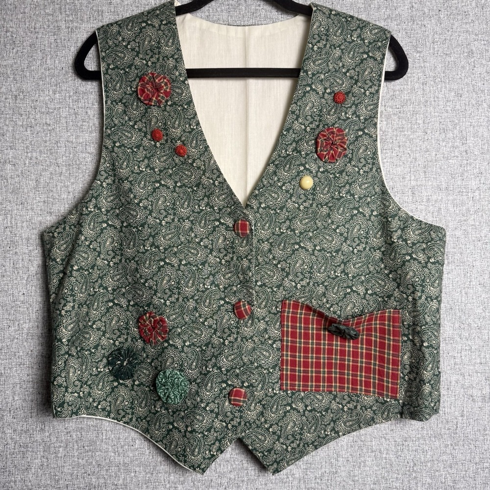 Vintage Handmade Ugly Christmas Holiday Plaid‎ Paisley Red Green Vest Party XL